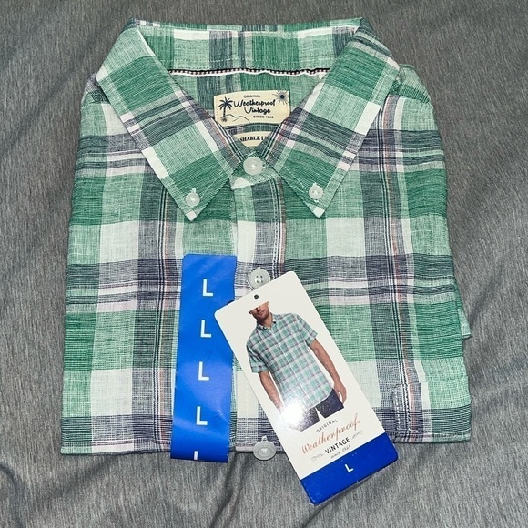 Weatherproof Vintage Mens Short Sleeve Linen Shirt Large Green/Navy Plaid - Picture 4 of 8